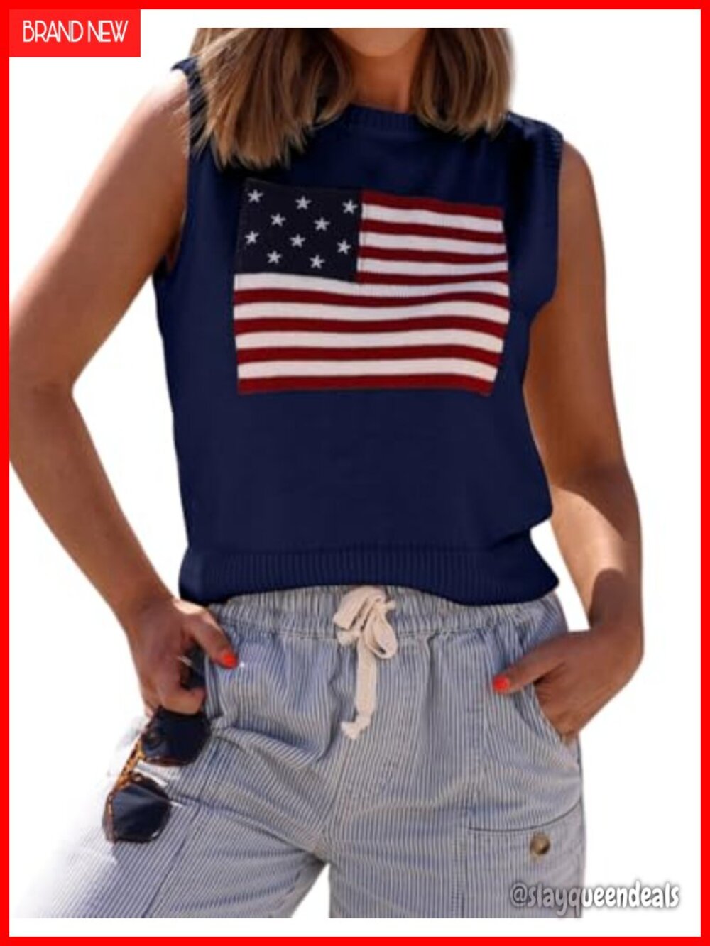 Sleeveless Crop Knit Sweater Top American Flag Embroidery